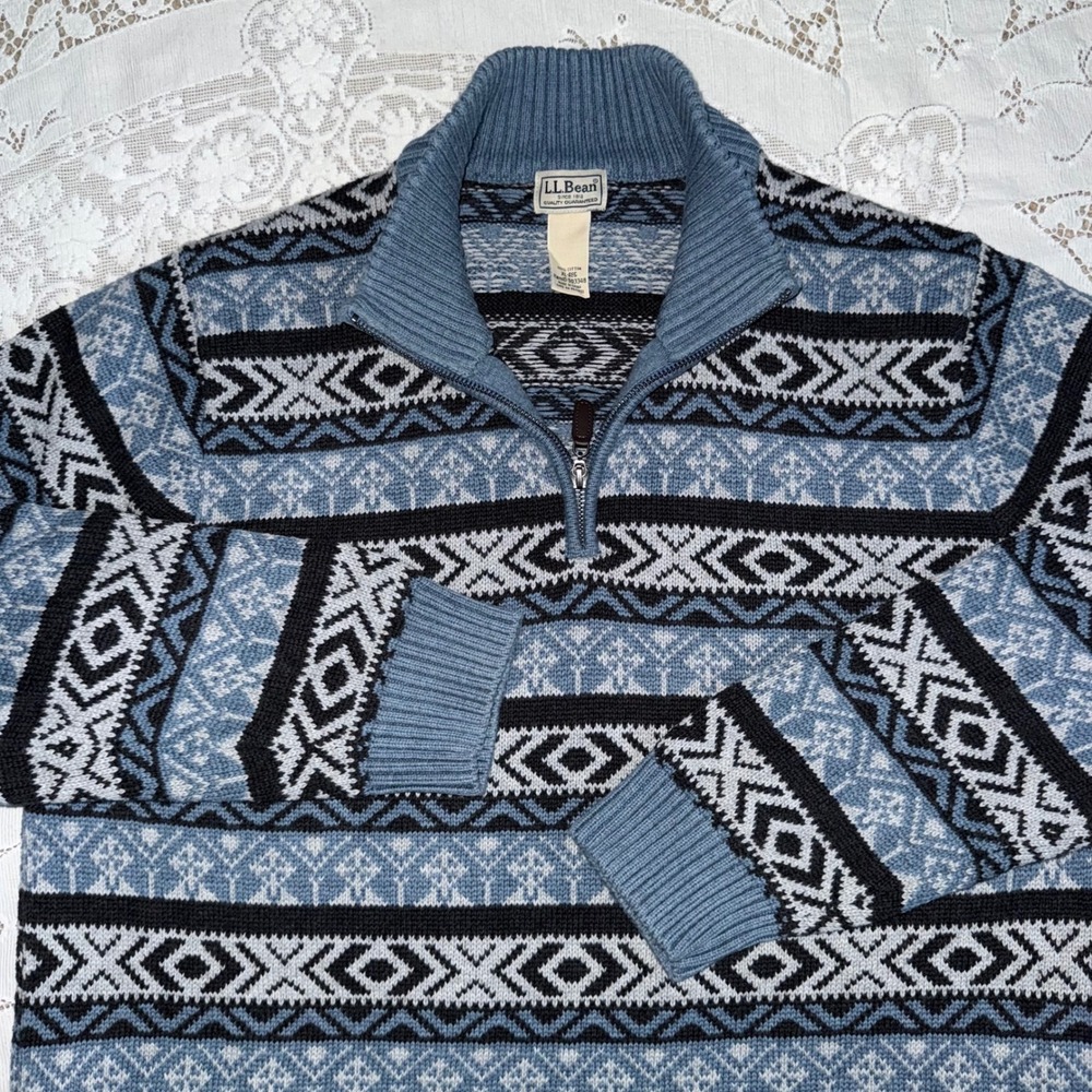 LL Bean Mens XL Fair Isle‎ Quarter Zip Cotton Sweater Blue Geometric 503348